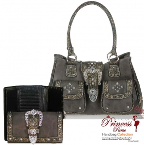 Combo!! Designer Inspired Crocodile Skin Handbag w/ Fold Over Belt And Rhinestone Accent with matching Wallet.